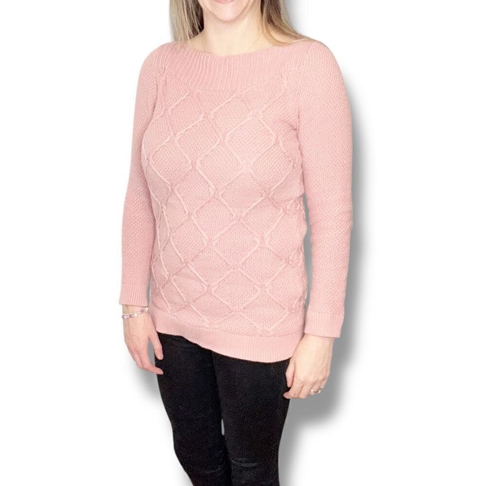 LOFT Dusty Pink Cable Knit Cotton Wide Neck Long Length Sweater Women’s Size XS